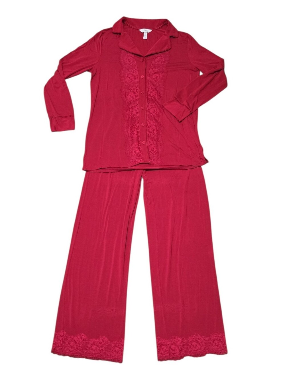 Soma Cool Nights Red Lace Trim Pajama Set Size Small 2pc Button Down Soft Long